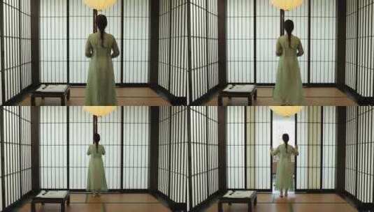 日式茶室女人开门古装和服高清在线视频素材下载