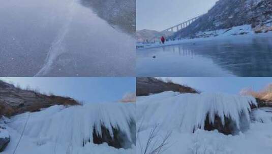 冬日的雪山湖面与冰挂高清在线视频素材下载