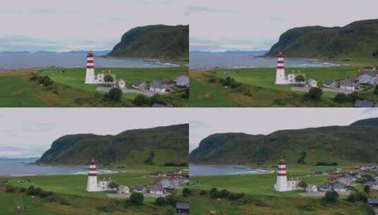 挪威海峡湾和岛屿红白灯塔的鸟瞰图高清在线视频素材下载