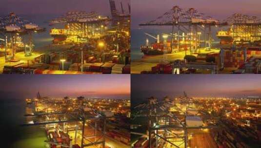 航拍夜幕降临繁忙的南沙港二高清在线视频素材下载