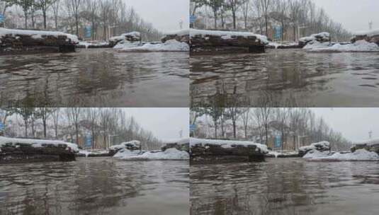 树林小河沟流水冬季下雪素材高清在线视频素材下载