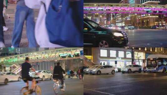 杭州城市夜晚行人过马路车流人流脚步人文高清在线视频素材下载