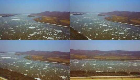 航拍乌苏里江饶河开江流冰高清在线视频素材下载