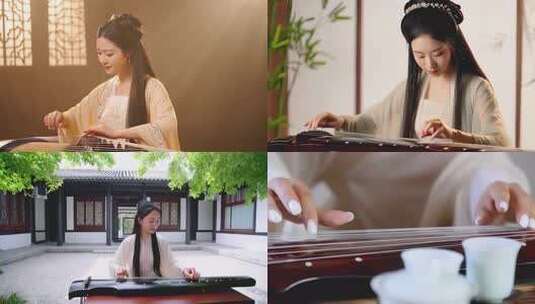 穿汉服衣服的人弹古琴古筝弹奏中国古典音乐高清在线视频素材下载