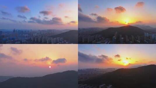 航拍枣庄新城双子星朝霞满天高清在线视频素材下载