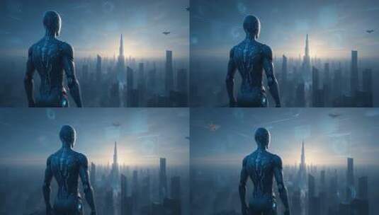 科技机器人眺望未来城市全息投影高清在线视频素材下载