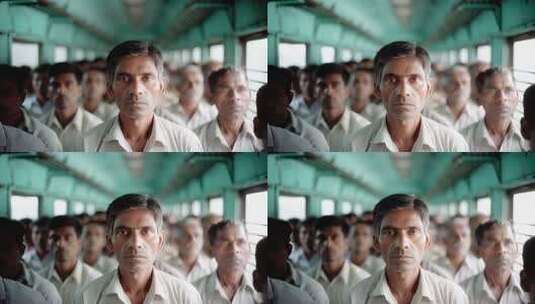 拥挤印度火车车厢内人们面部特写高清在线视频素材下载