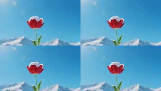 雪覆红色郁金香雪山背景高清在线视频素材下载