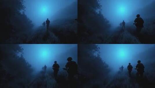 夜色中士兵雾中行进高清在线视频素材下载