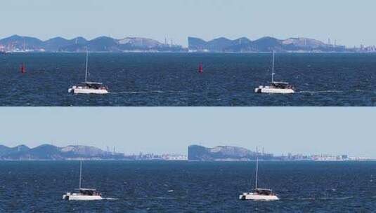 慢动作航拍大连东港蔚蓝海面帆船与海鸥共舞高清在线视频素材下载
