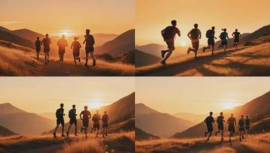 山间人群晨跑背影高清在线视频素材下载