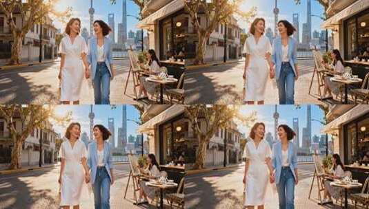 上海街头两位女性牵手漫步高清在线视频素材下载