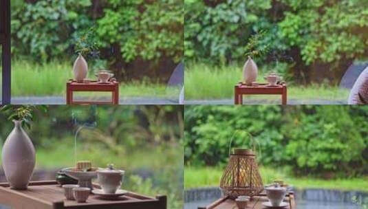 雨天茶具花瓶摆件月饼空镜头高清在线视频素材下载