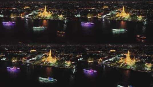 原创泰国曼谷湄南河郑王庙夜景航拍风光高清在线视频素材下载
