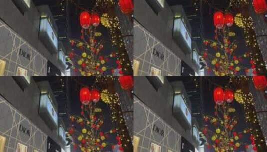 树木新年灯光装饰红灯笼下摇成都IFS2高清在线视频素材下载