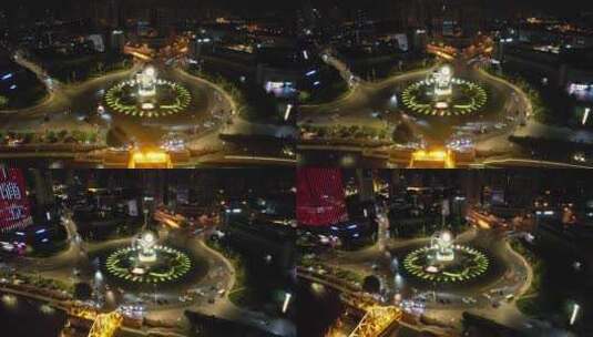 中国天津世纪钟夜景灯光交通转盘航拍高清在线视频素材下载