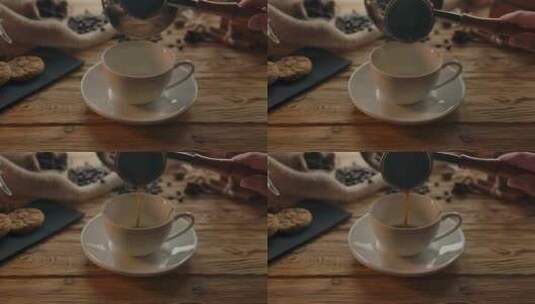 女人把咖啡倒进杯子里高清在线视频素材下载