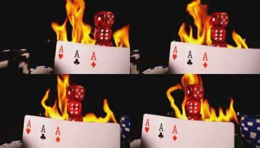 赌场上用骰子和纸牌着火的游戏高清在线视频素材下载