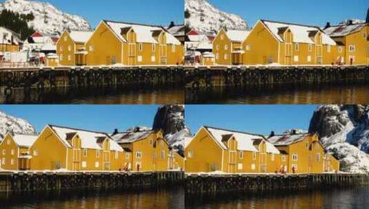 五颜六色的木制渔屋和码头高清在线视频素材下载
