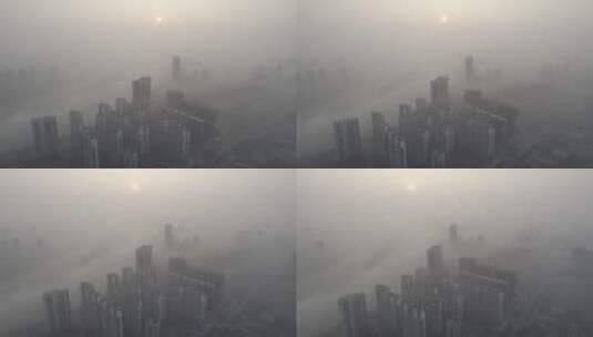 航拍衡阳东洲岛湘江平流雾高清在线视频素材下载