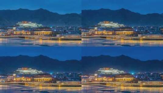 西藏拉萨布达拉宫入夜的延时 拉萨河视角高清在线视频素材下载