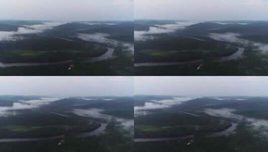 航拍大兴安岭黎明山川河流云雾高清在线视频素材下载