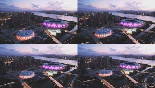 杭州滨江奥体中心亚运会体育场馆夜晚航拍高清在线视频素材下载