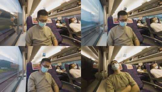新冠病毒疫情中年男性乘客在高铁上延时高清在线视频素材下载