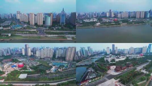 南昌赣江岸边建筑多镜头航拍高清在线视频素材下载