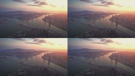 大湾区珠海横琴澳门城市夕阳航拍4k高清在线视频素材下载