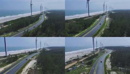 航拍风车环海公路高清在线视频素材下载