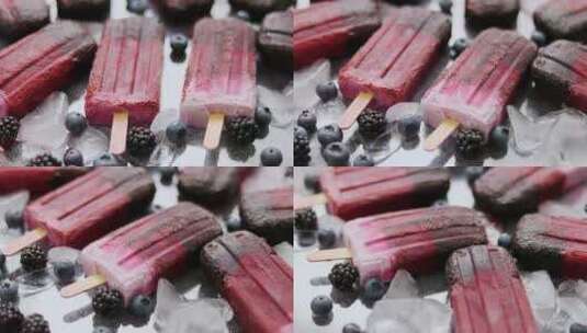 桌面上的桑葚蓝莓和雪糕高清在线视频素材下载