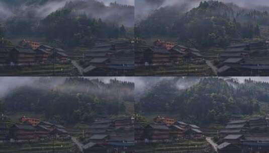广西桂林黄洛瑶寨寨子民居晨雾风光延时高清在线视频素材下载