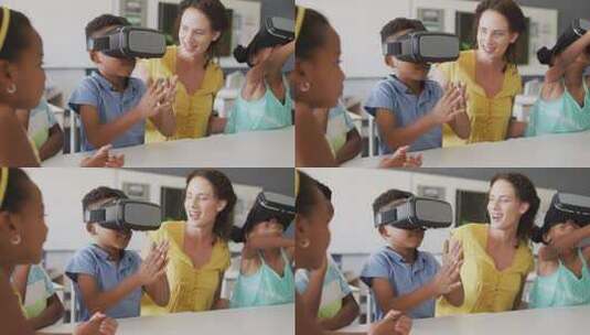 快乐的高加索女教师和戴着虚拟现实耳机的非裔美国学生的视频高清在线视频素材下载