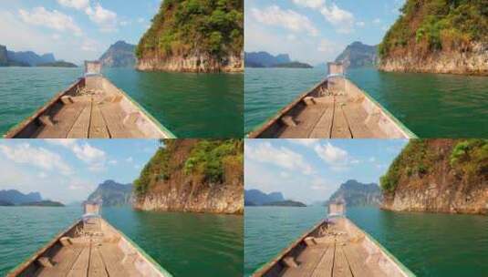 游船视角观看湖泊和岛屿风景高清在线视频素材下载