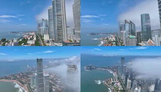 青岛浮山湾海天中心平流雾航拍高清在线视频素材下载
