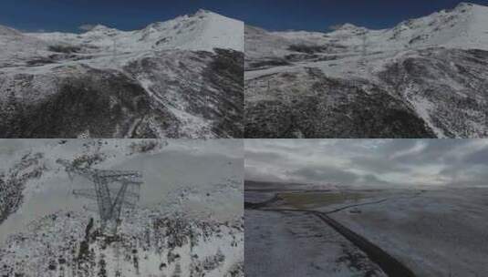雪地高原电网电塔航拍大景高清在线视频素材下载