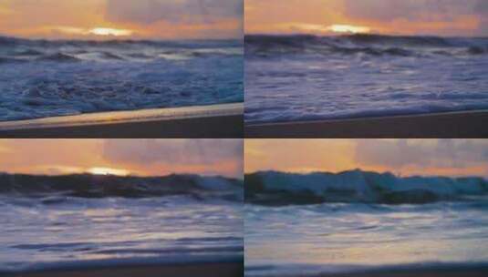 特写海浪冲击沙滩、海浪回声 日落海滩高清在线视频素材下载
