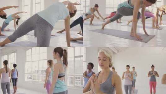女性在瑜伽课上做瑜伽伸展和放松高清在线视频素材下载