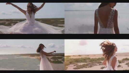 婚纱美女新娘在海边沙滩上跳舞奔跑玩乐高清在线视频素材下载