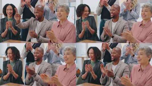 快乐的商人，庆祝和掌声在销售目标，会议或高清在线视频素材下载