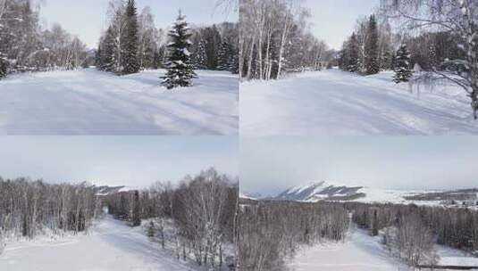 航拍新疆禾木雪景森林雪地小木屋禾木桥雪山高清在线视频素材下载