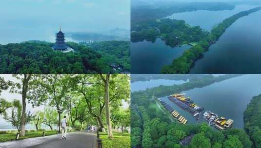 航拍西湖清晨云雾雨景高清在线视频素材下载