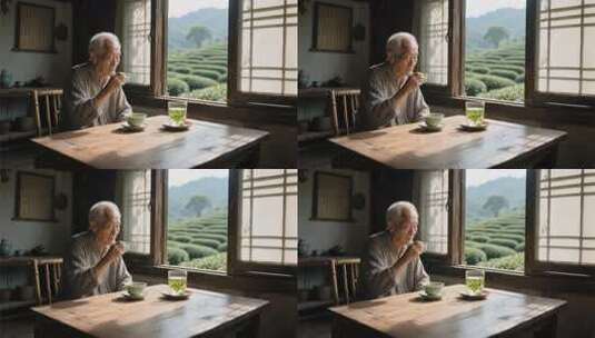 老人窗边品茶赏茶园景致高清在线视频素材下载