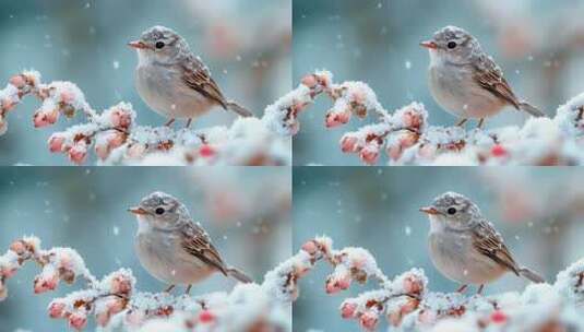 雪中鸟雀栖息于积雪覆盖的花枝上高清在线视频素材下载