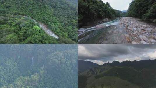 fpv穿越机葱郁森林与清澈溪流河流彩虹云雾高清在线视频素材下载