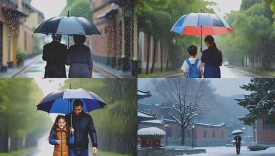 下雨雨伞爸爸为孩子打伞高清在线视频素材下载