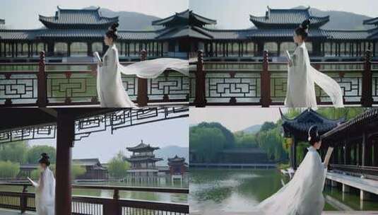 古风女子持卷湖边散步高清在线视频素材下载