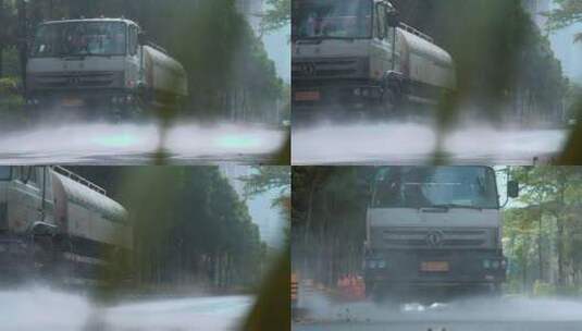 升格视频深圳城市街道冲洗地面环卫洒水车高清在线视频素材下载