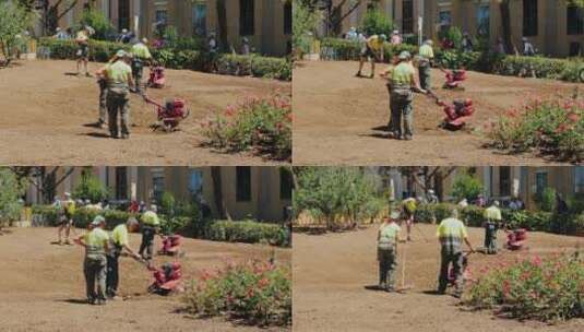 园丁在花坛栽培土地高清在线视频素材下载